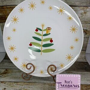 Rachael Ray HOLIDAY HOOT Christmas Tree Owl Gold Stars 14" Porcelain Platter